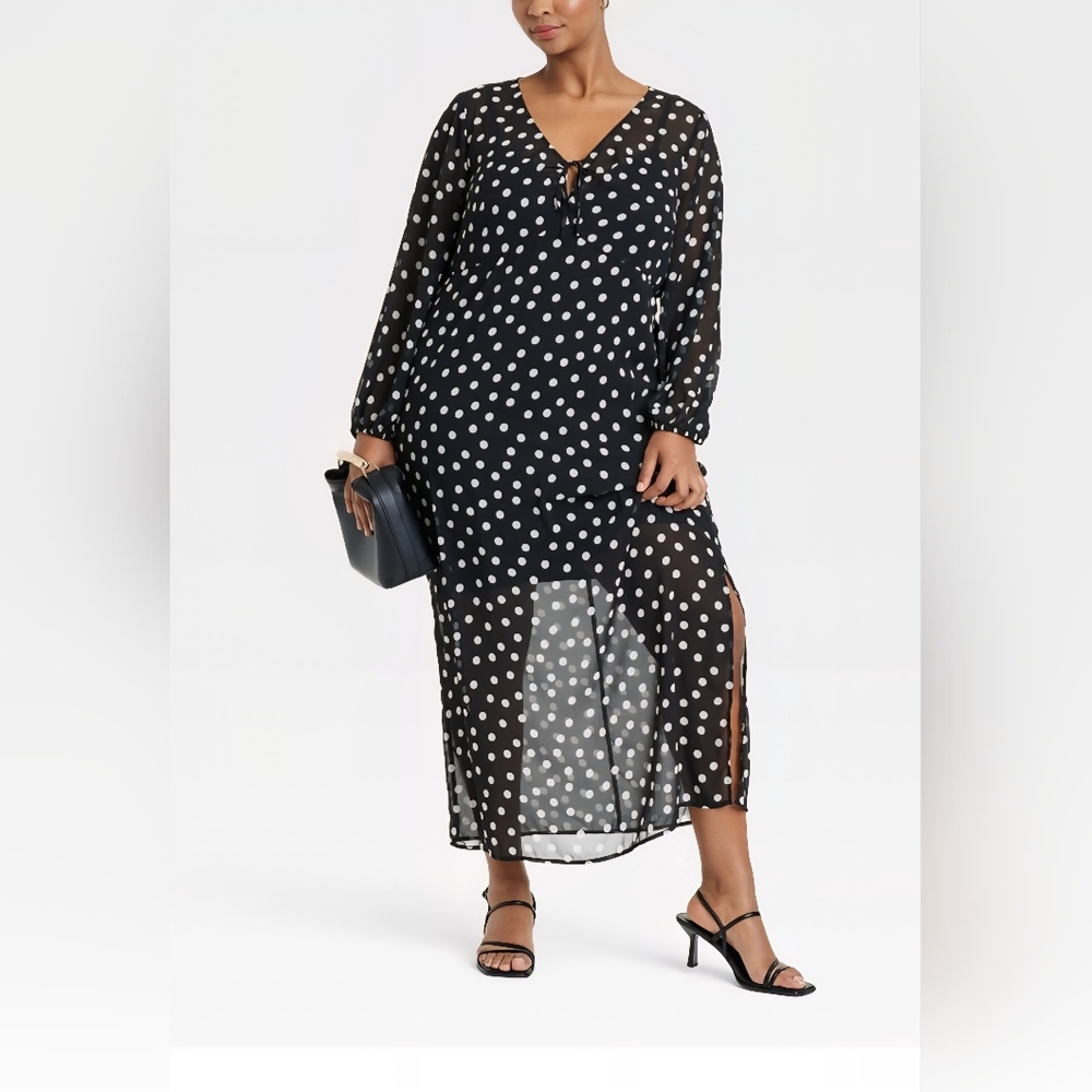 AVA & VIV Balloon Long Sleeve Maxi Shift Dress-M Black Polka Dots NWT SZ 2XL: - Picture 3 of 7